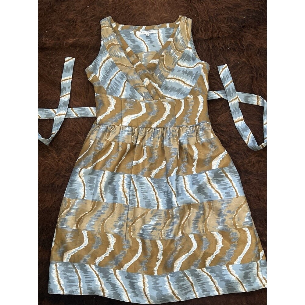 Vintage Evan Picone Y2K Brown/Blue Ikat Cocktail Dress Satin Bow Size 12